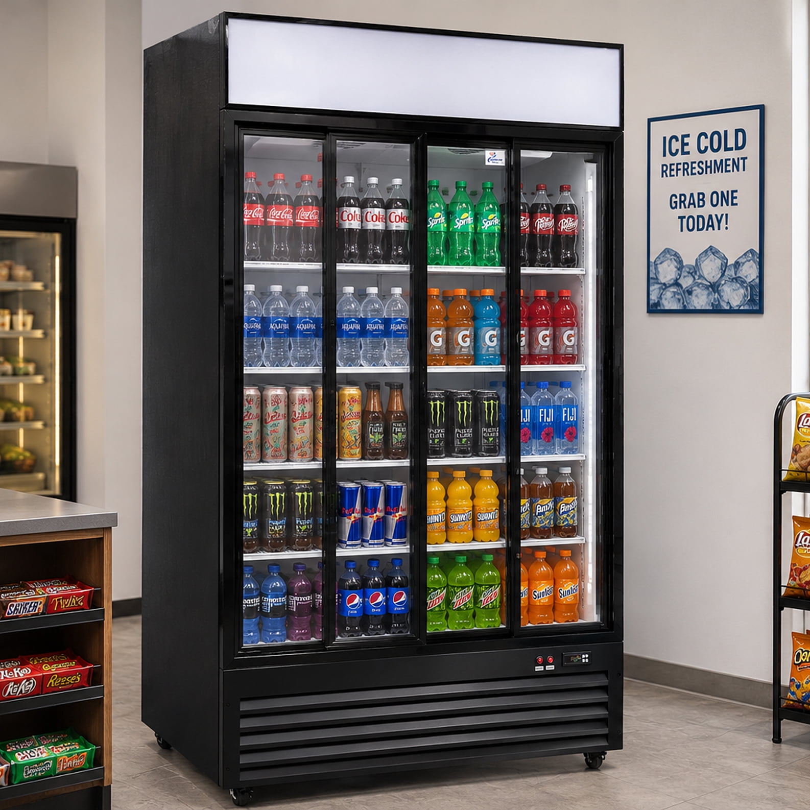 NSF 44 in. Commercial Sliding Glass Door Refrigerator Cooler, 35 Cu. Ft. Double Sliding Door Merchandiser