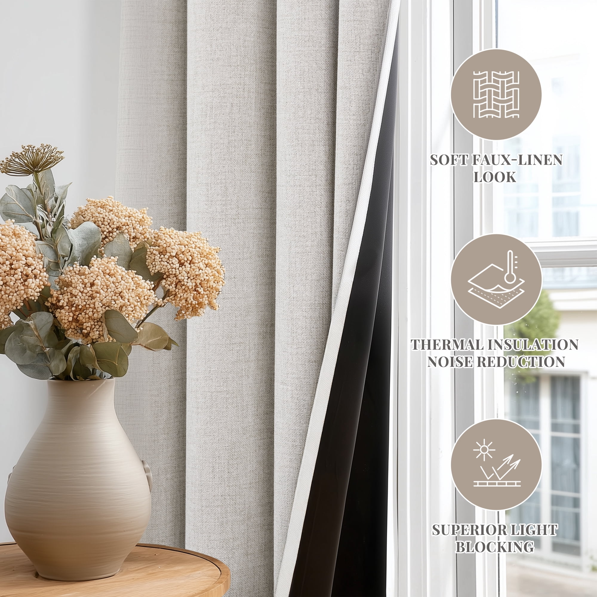 ZOPZO 100% Blackout Curtains, Natural Linen, 52W x 84L Inch, Thermal Insulated Grommet Drapes, Noise Reducing Panels for Bedroom, 2 Panels