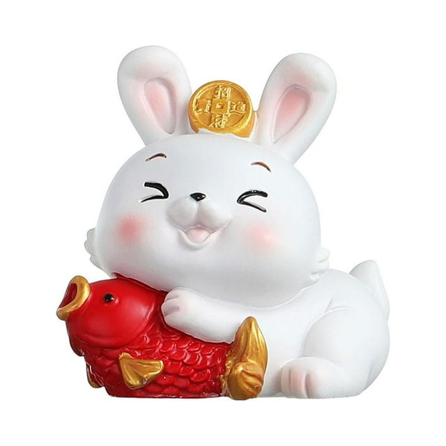 Figura de conejo para salpicadero de coche, adorno para cumpleaños, decoración interior de coche, tarta sosteniendo pescado