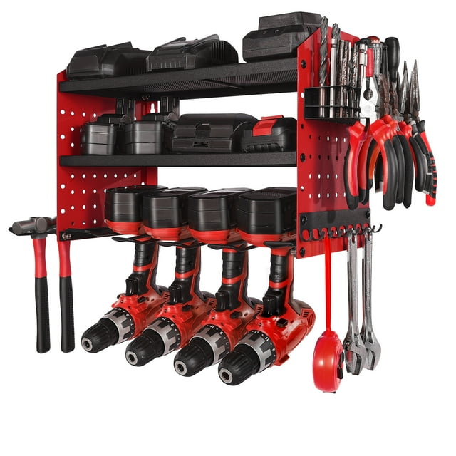 KFFKFF Power Tool Organizer Wall Mount, 3-Layer Storage Rack with 4 Drill Holders, Tools Holder and Storage Rack with Side Pegboards
