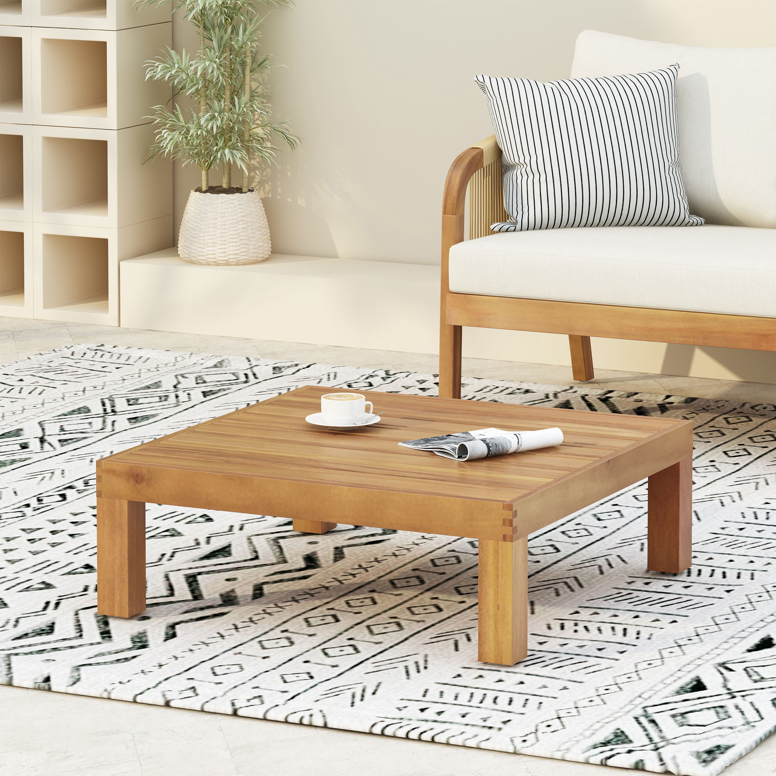 Outdoor Acacia Wood Coffee Table with Slat Panel Design, Rustic Square Table, Weather-Resistant Patio Furniture for Garden Balcony Lounge
