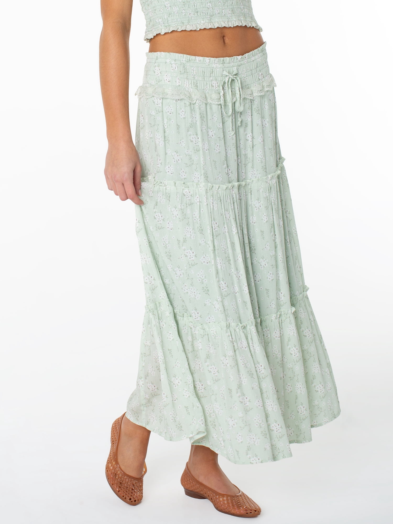 Celebrity Pink Women's and Women's Plus Floral Print Tiered Maxi Skirt, Sizes XS-4X