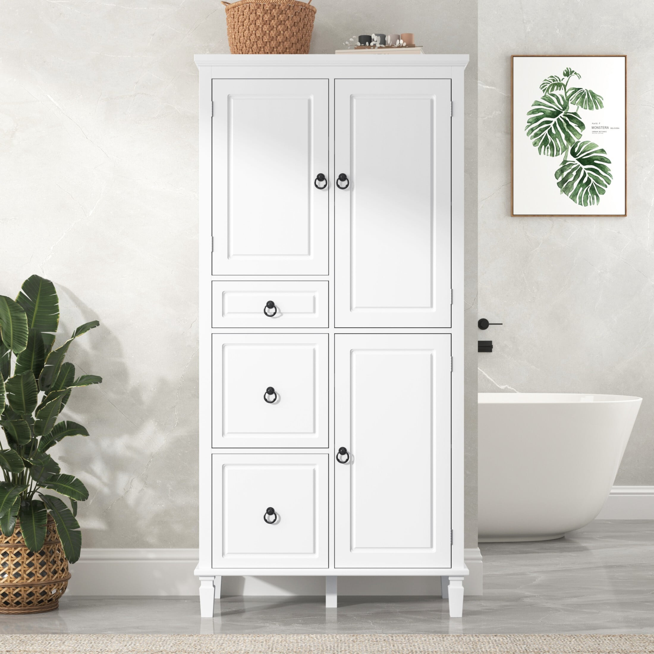 AENKYO 61.7'' Bathroom Cabinet with Adjustable Shelves, Tall Storage Cabinet with 3 Drawers, White