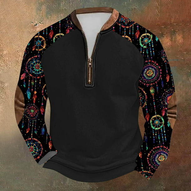 Blusas y camisas de manga larga con cuello redondo para hombre Sudadera con puños en los hombros estampada para hombre Blusa de poliéster de manga larga con cuello redondo para hombre