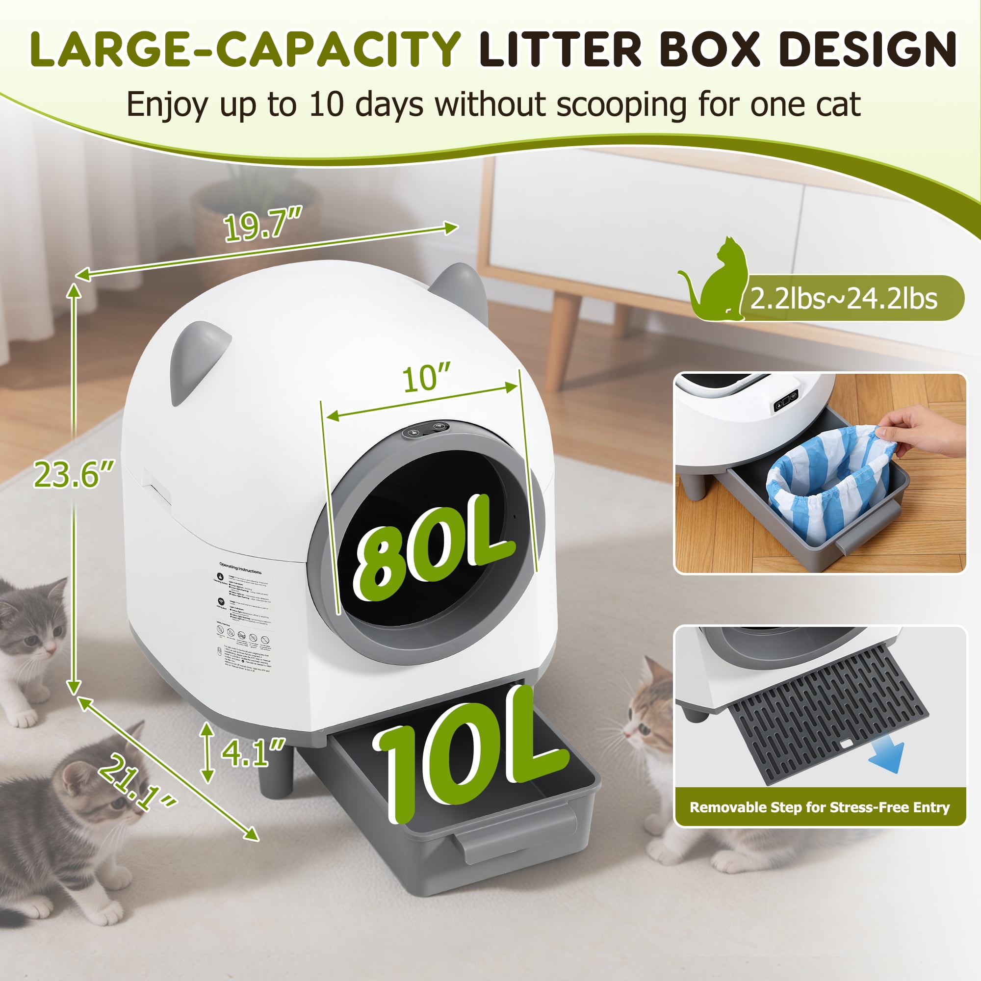 Haverchair Automatic Cat Litter Box, 80L Self Cleaning Litter Box for Multiple Cats, Odor Noise Control, App Control W/Safety Sensors and Removable Washable Liner, Included 2 Roll Garbage Bags, White
