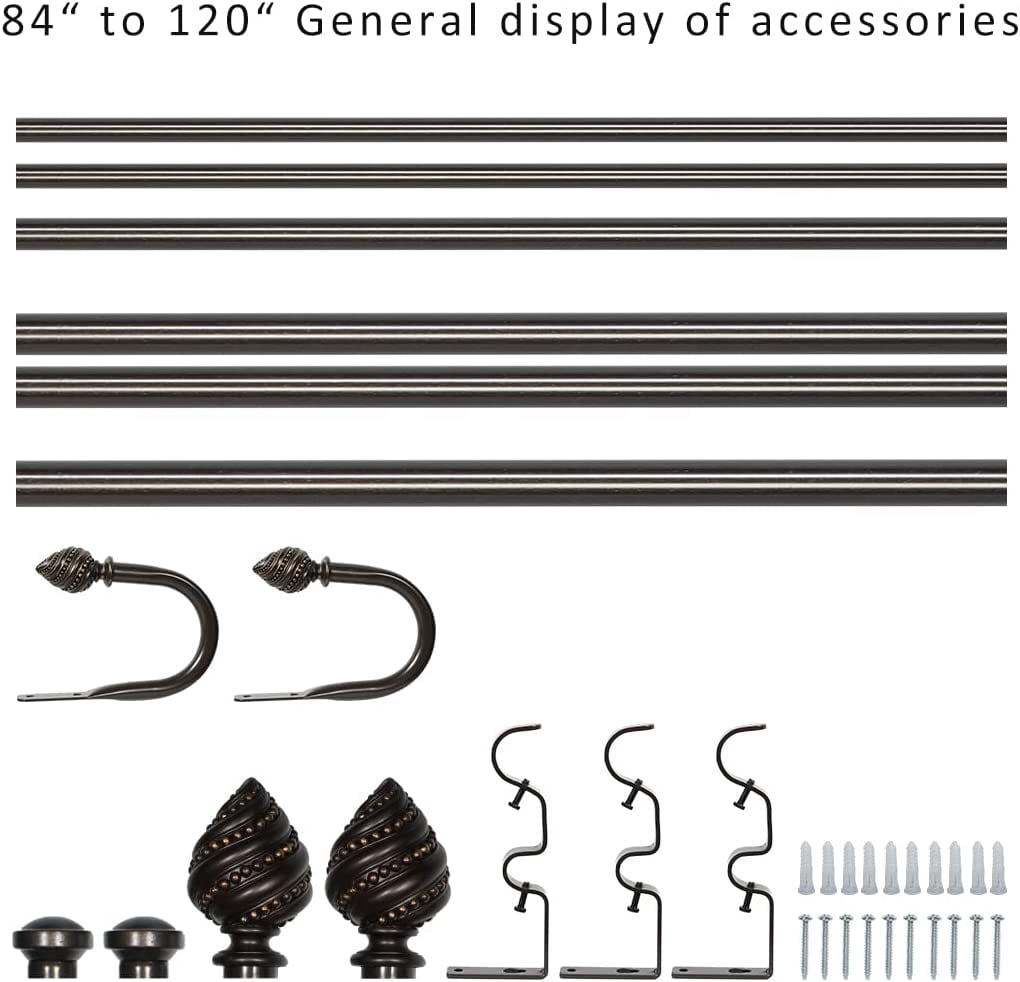 eTeckram 1" Double Curtain Rod with Valois Finials and holdbacks (84‘’-120‘’, Black gold)