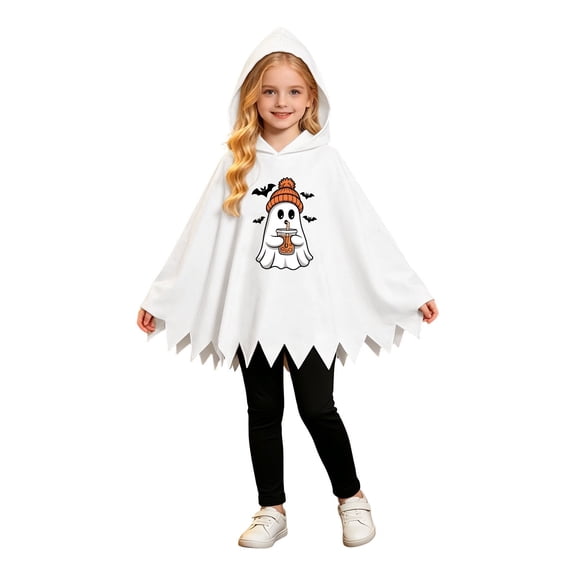 XIYON Toddler Girl Clothes Halloween Cute Ghost Print Hooded Cape Top Pants Two Piece Outfit Set Fall Winter Kids Holiday Party 4-5 Years