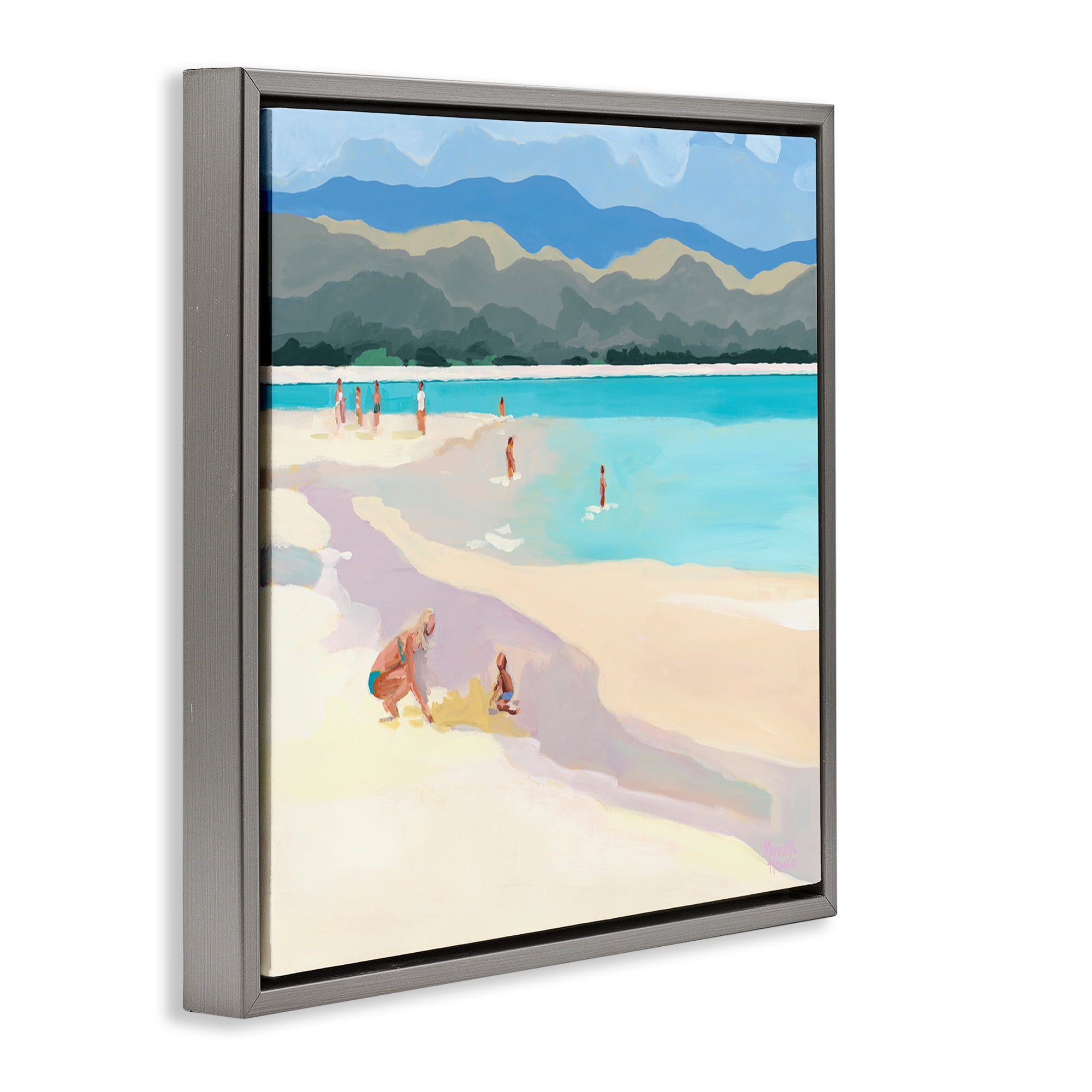Stupell Industries Mother & Child Beach Scene Gray Framed Floater Canvas Wall Art, design by Meredith Howse