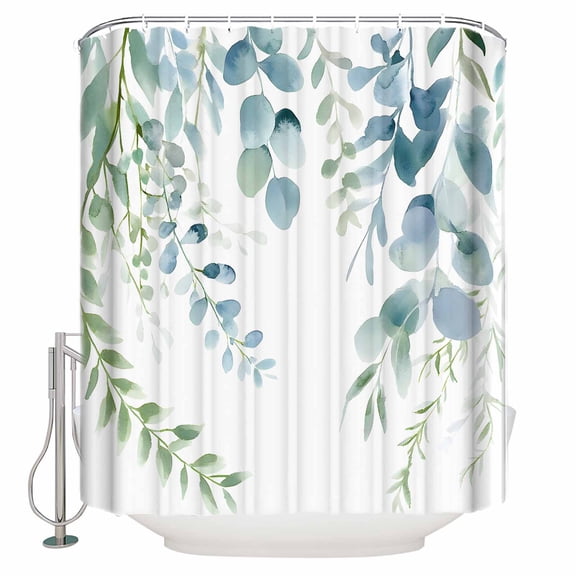 Small Stall Shower Curtain 36x72 Inch Narrow Half Size Eucalyptus Leaves Bath Curtains Bathroom Decor Teal Botanical Pastoral Summer Waterproof Fabric Shower Curtain Set with Hooks 36 Inch