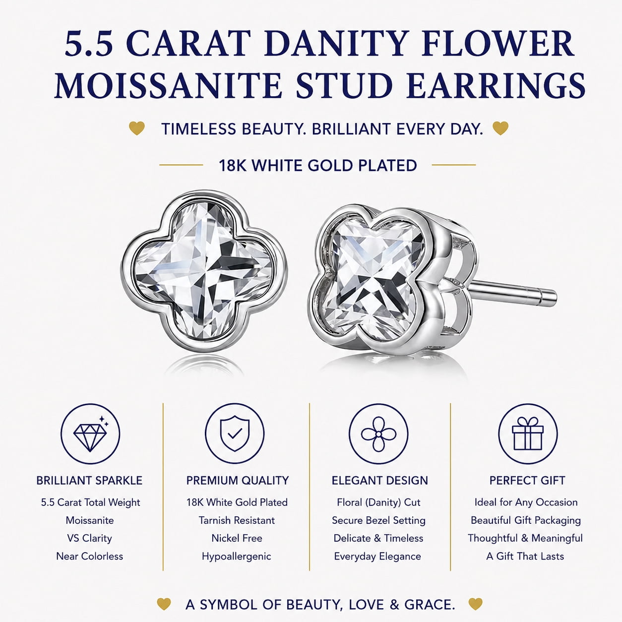 JeenMata 5.5 Carat Danity Flower Moissanite Stud - Floral Cut Earrings in 18K White Gold Plating for Women