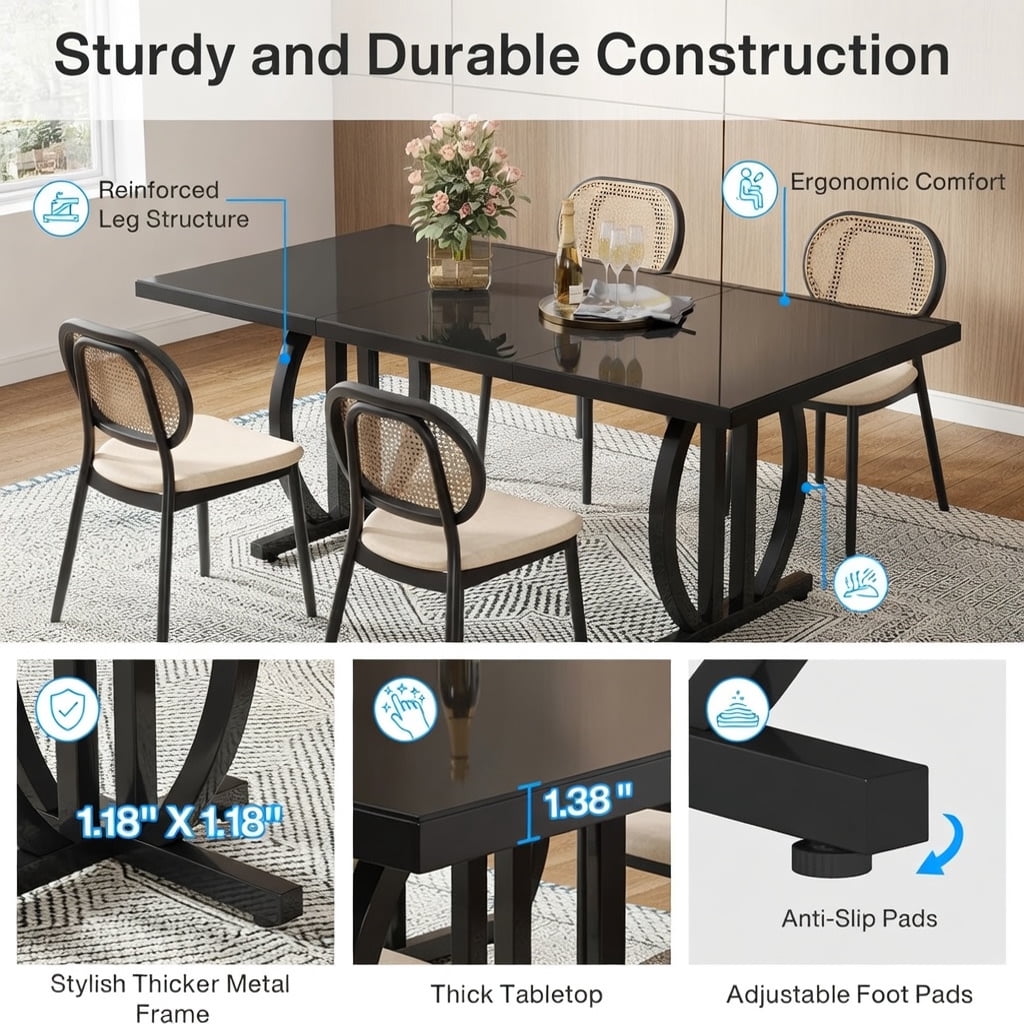 Hommoo 63 Inch Modern Dining Table for 4-6 People, Sleek Metal Frame Rectangular Kitchen Table with MDF Top, Black