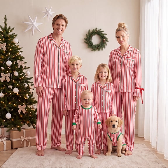 Christmas Family Matching Pajamas Set Striped Long Sleeve Tops Pants Holiday Sleepwear Sets