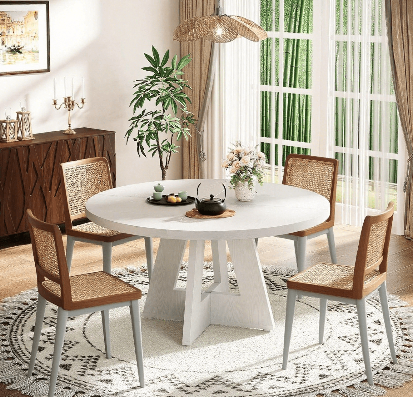 47" Round Dining Table for 4, Wooden Farmhouse Kitchen Table, Sturdy Dinner Table for Family Meals & Gatherings