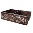 thumbnail image 2 of Premier Copper Products 33-inch Hammered Copper Kitchen Apron 50/50 Double Basin Sink w/ Scroll Design and Apron Front Nickel Background, 2 of 4