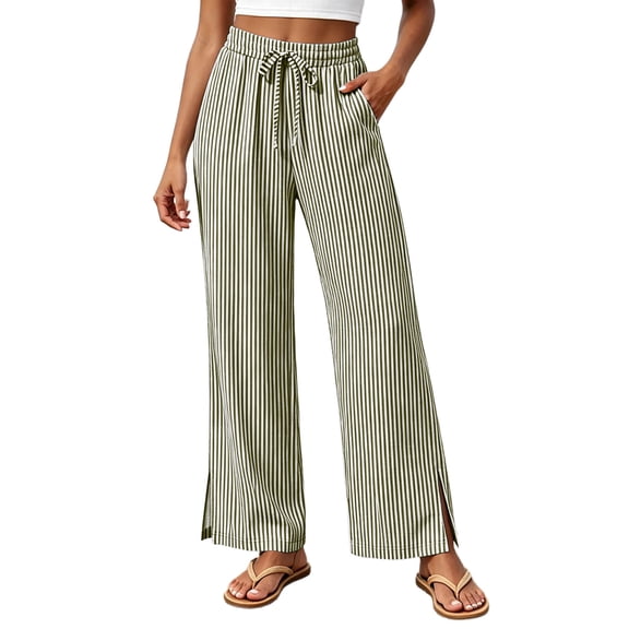 Women's High Waisted Printed Striped Pants Casual Wide Leg Pants Drawstring Elastic Waistband Slit Hem