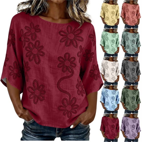 Womens Summer Tops 100% Cotton Fashion Casual Embroidery Round Neck 3/4 Sleeve Spring Blouse Tops