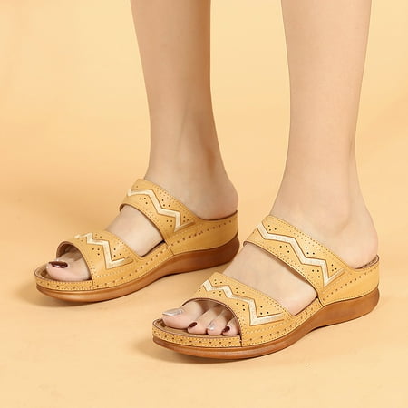 

〖Yilirongyumm〗 Beige 38 Sandals Women Slip-On Wedges Open Sandals Embroidery Breathable Women Toe Shoes Beach Summer Women s Sandals