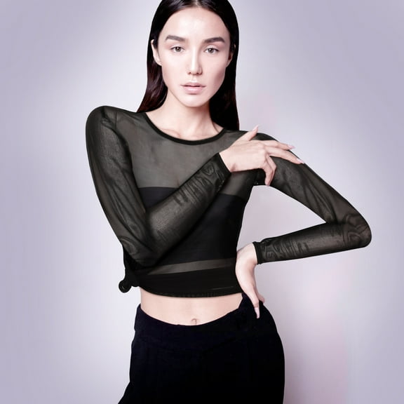 GAXIRE White See Through Mesh Long Sleeve Top for Women's Flattering Fit Polyester Layering Essential Size S