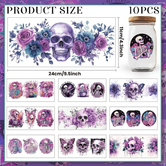 10 Sheets UV DTF Cup Wraps 10 Styles Magic Style Stickers Cartoon Skull Rub on Decals Purple Waterproof Transfer Stickers for Glass Cups Wood Crafts