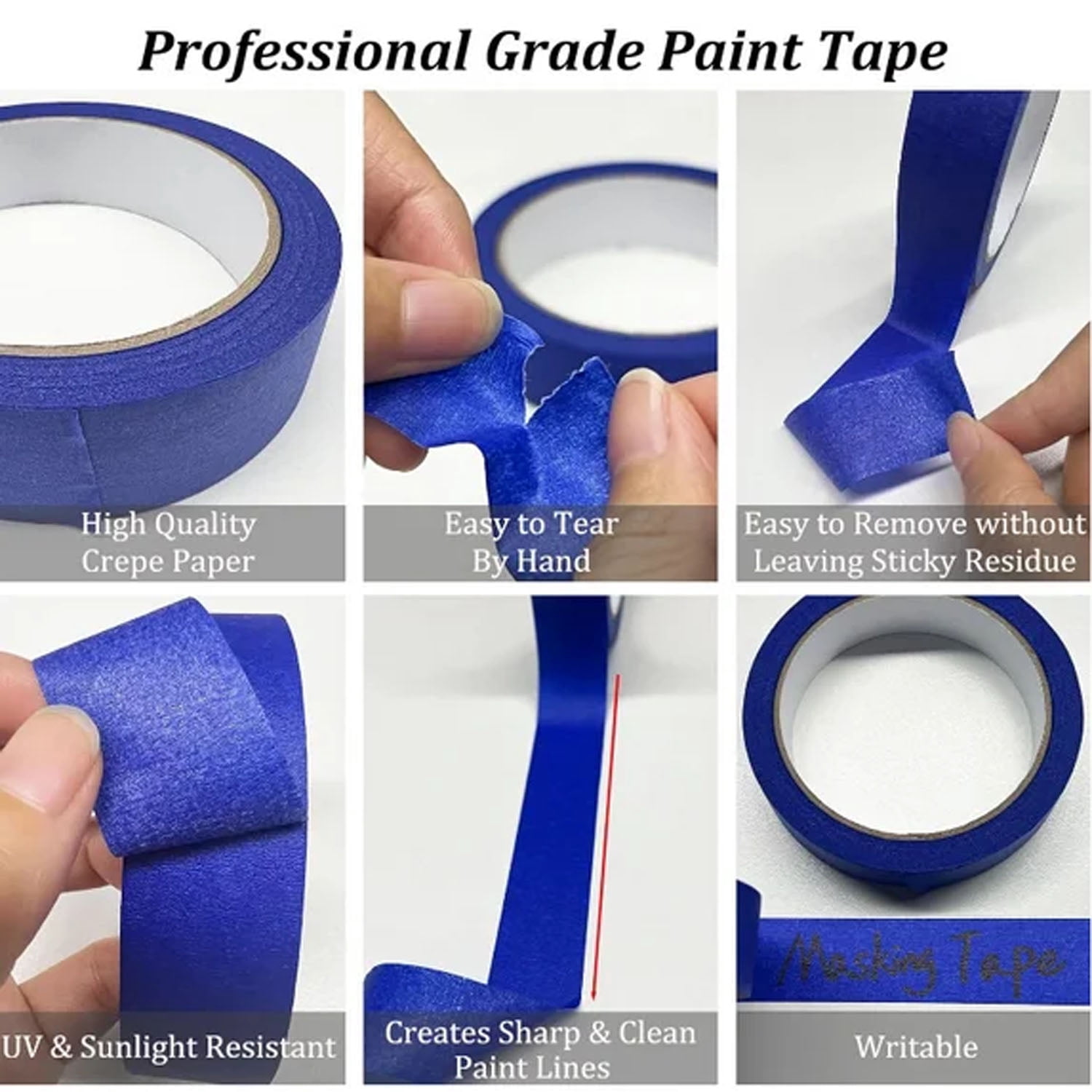 JIqH Blue Masking Tape, 2 inches x 55 yards, residue-free, suitable for wall painting, DIY art projects, and indoor/outdoor use (5 rolls)