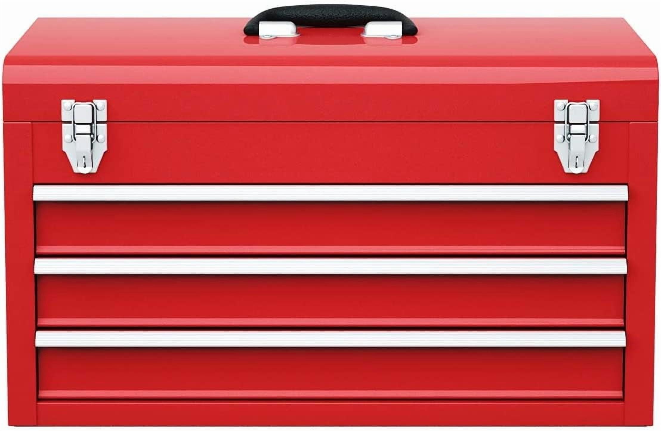 Portable Steel Tool Box with 3 Drawers & Top Tray, Heavy Duty  for Mechanics and Home Use