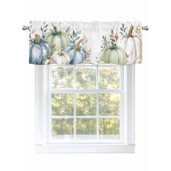 Fall Pumpkin Valances for Windows Green Leaf Flower Oil Painting Autumn Rod Pocket Curtains Valance Short Window Treatment Drapes for Living Room, Bedroom Bathroom 60" W x 14" L