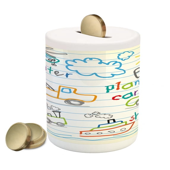 Science Piggy Bank, s Drawing of Colorful Transport Notebook Page Background Print, Ceramic Coin Bank Money Box for Cash Saving, 3.6" X 3.2", Multicolor, by Ambesonne