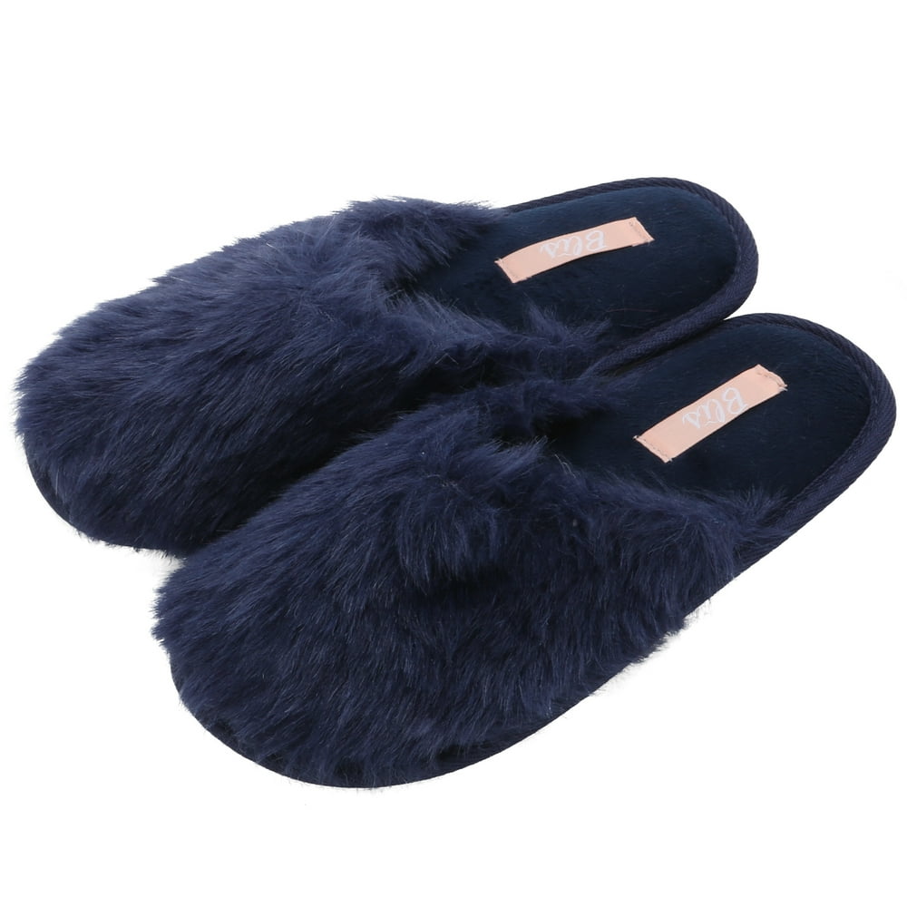 Blis Blis Womens Furry Knit House And Bedroom Slippers Soft And Cozy Slip Ons Navy S 