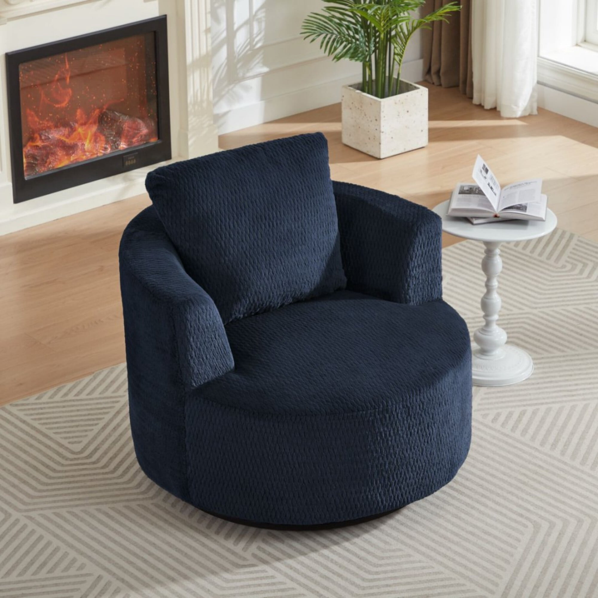 DEALTOPS Compressed 360° Swivel Barrel Chair, Modern Faux Fur Accent Chair with Pillow, Cozy Small Space Lounge, Blue