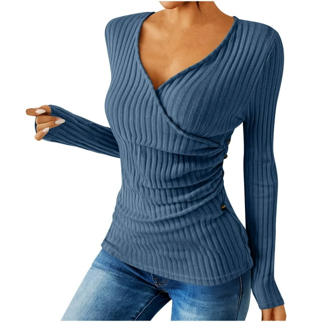 cfhntfmh Women's Ribbed Knit V-Neck Wrap Tees Long Sleeve Slim Fit Shirts Lightweight Fall Trendy Blouses Sweater Tops