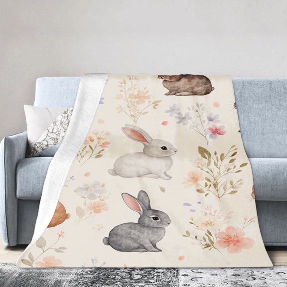 JOOCAR Flannel Throw Blanket With Rabbit And Floral Pattern For Gift Home Sofa Bed Decoration 60x50 inch