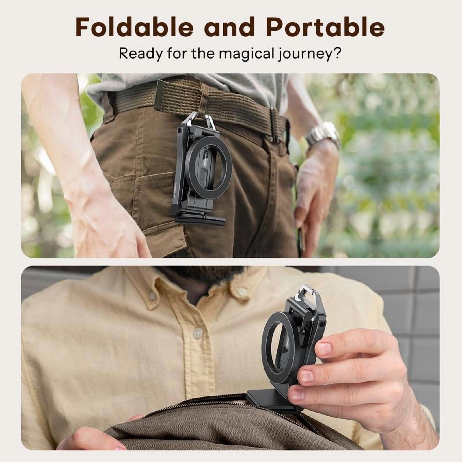 Magnetic Phone Tripod Stand - Foldable Travel Mount with 360 Rotating Shaft Adjustable Ring Grip Selfie Stick Clamping Mount & Hook for Desk Airplane Luggage Outdoor Use Smartphone Cellphone