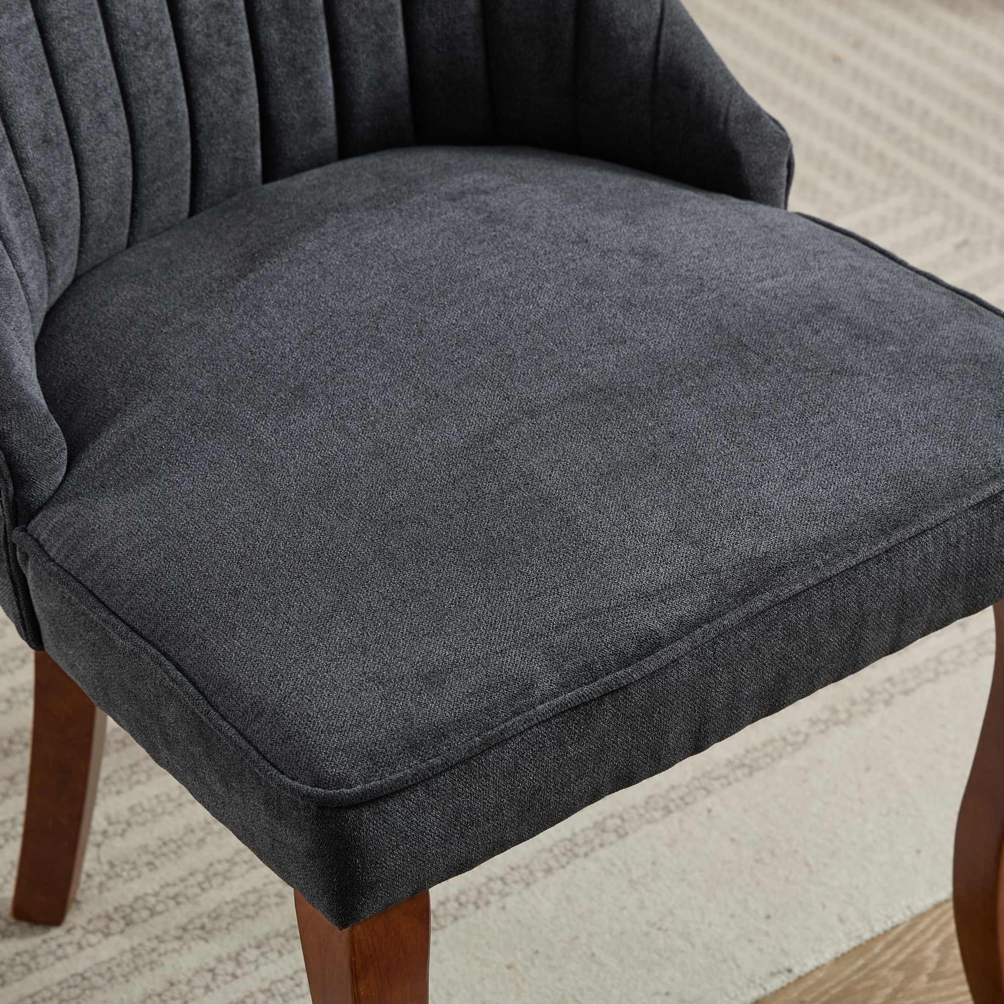 MAYEERTY Rayon Flocking Linen Dining Chairs - Channel Tufting, Curved Solid Wood Legs, Black, Set of 2