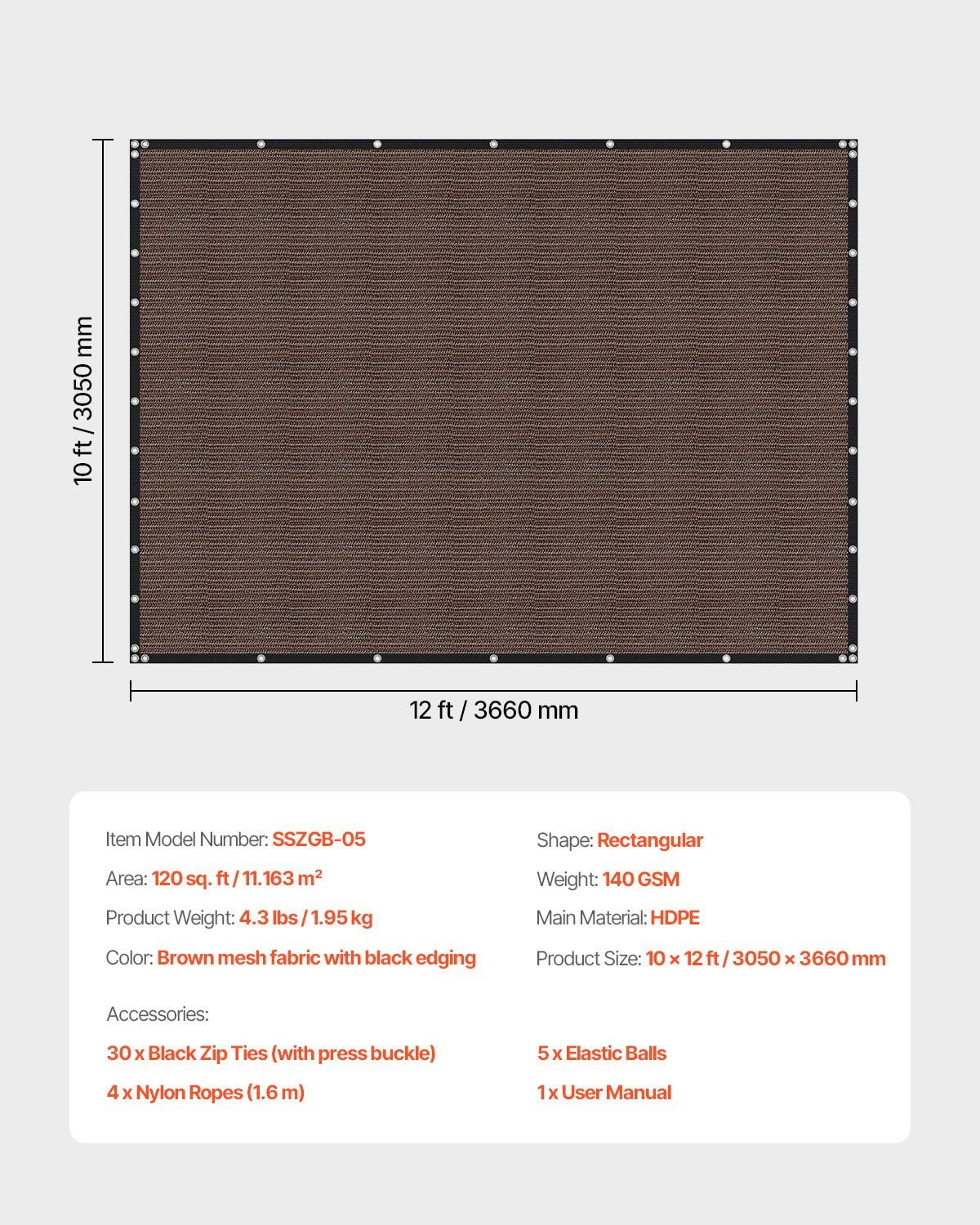 10x12ft 90% Sun Shade Cloth - 140GSM HDPE Pergola Cover w/Stainless Grommets - Brown Privacy Screen for Patio, Garden & Backyard