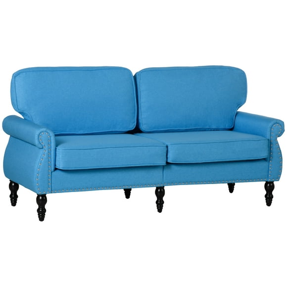 HOMCOM Traditional Style Double Sofa with Sponge Padding and Rubber Wood Leg, 2 Seater Nail Head Accent Loveseat for Living Room, Dining Room, Bedroom, Office, Light Blue