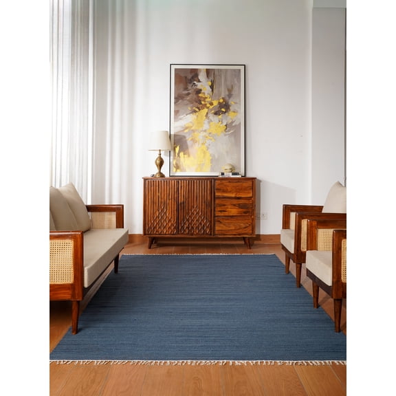 Rugsotic Carpets Hand Woven Flat Weave Kilim Wool Eco-Friendly 3'x5' Area Rugs Rectangle Blue Plain Solid Design Low Pile Indoor Handmade Rug for Living Room, Bedroom D00111