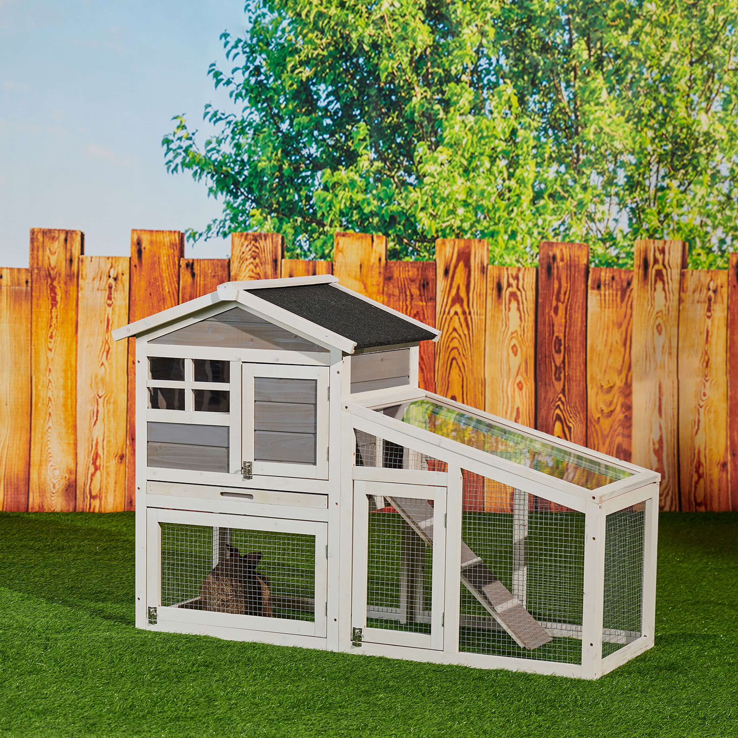 Kadyn Rabbit Hutch Indoor Outdoor, Wooden Chicken Coop for Backyard Garden, Bunny Cage Hen House with Run, Ventilation Door, Removable Tray, (Gray) Kadyn Rabbit Hutch Indoor Outdoor, Wooden Chicken Coop for Backyard Garden, Bunny Cage Hen House with Run, Ventilation Door, Removable Tray, (Gray)