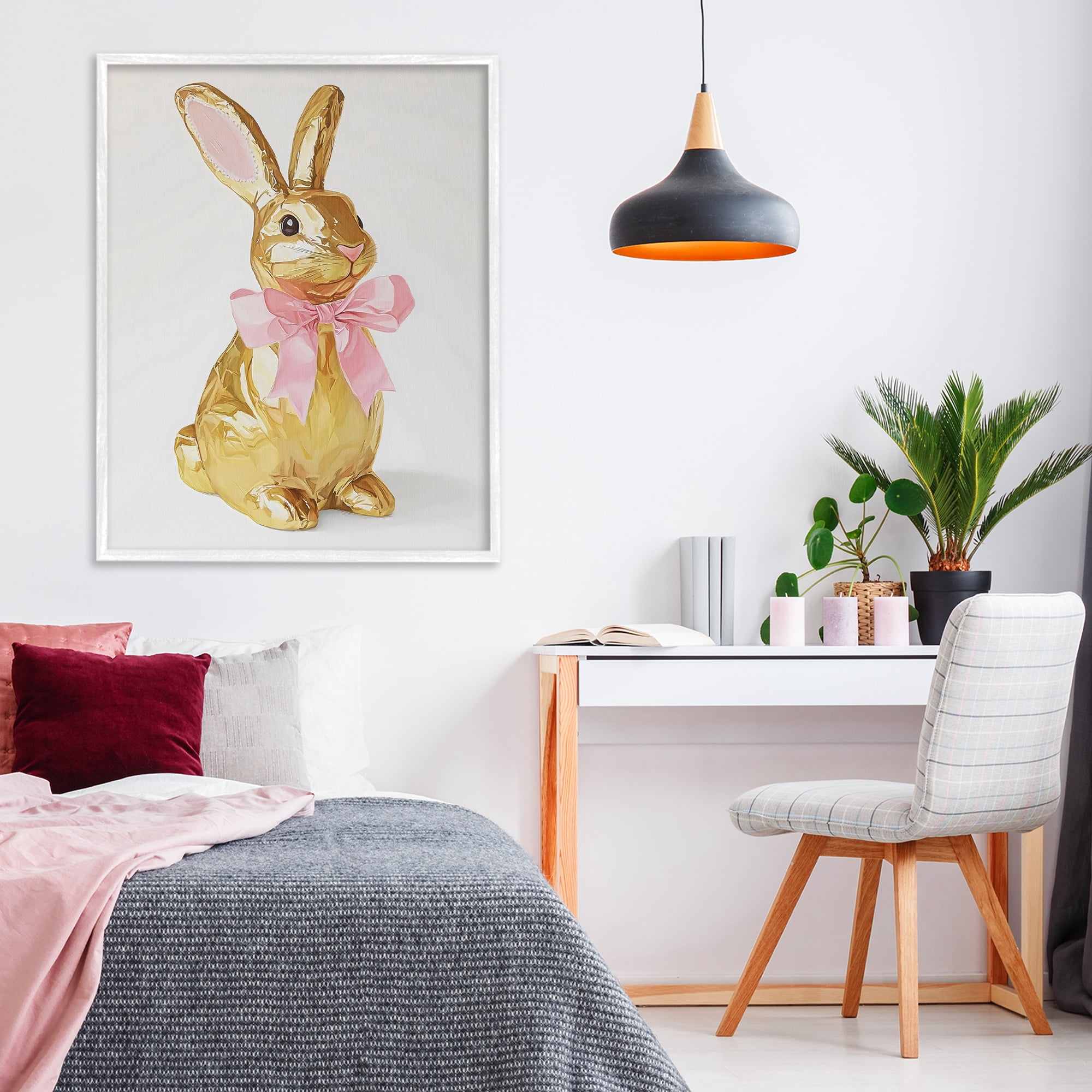 Stupell Industries Golden Easter Bunny with Ribbon White Framed Giclee Art, design by The Prints Vibe