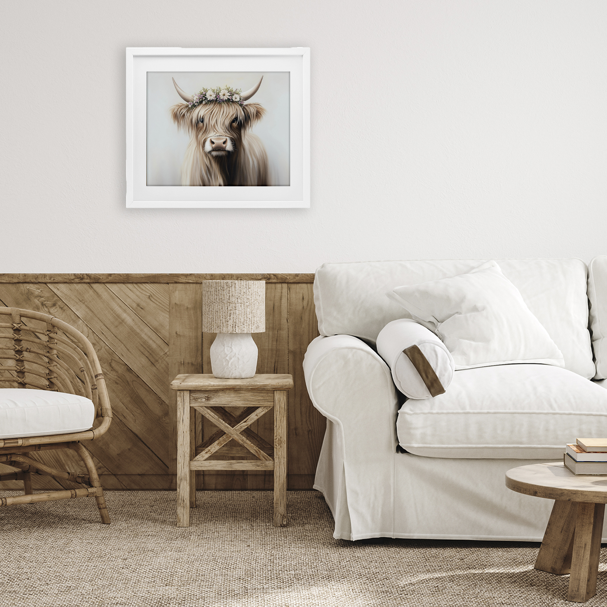 Shaggy Cattle Floral Crown White Framed Print Under Glass, design by Shawna Stewart