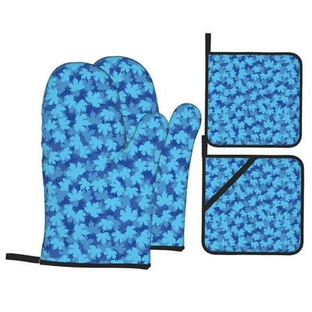 

Oven Mitts and Pot Holders 4 Piece Blue Maple Leaf High Heat Slip Resistant Oven Mitt and Trivets Set Kitchen Oven Glove Pot Holders for Cooking Baking Grilling