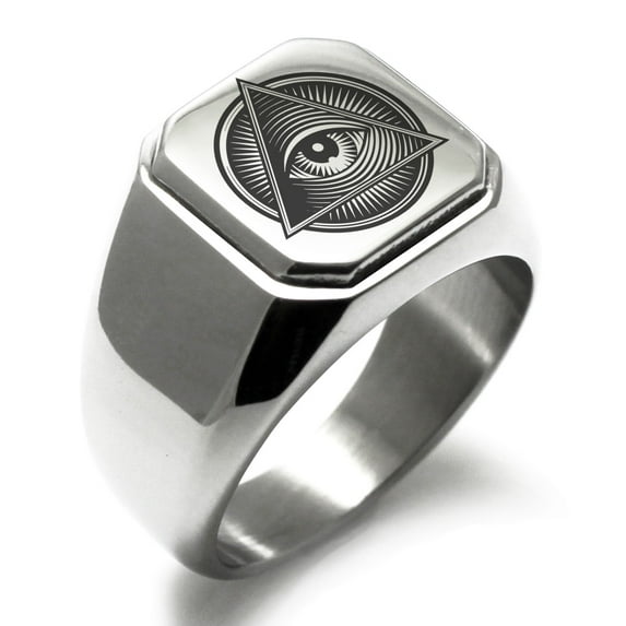 Stainless Steel All Seeing Eye Emblem Engraved Square Flat Top Biker Style Polished Signet Ring