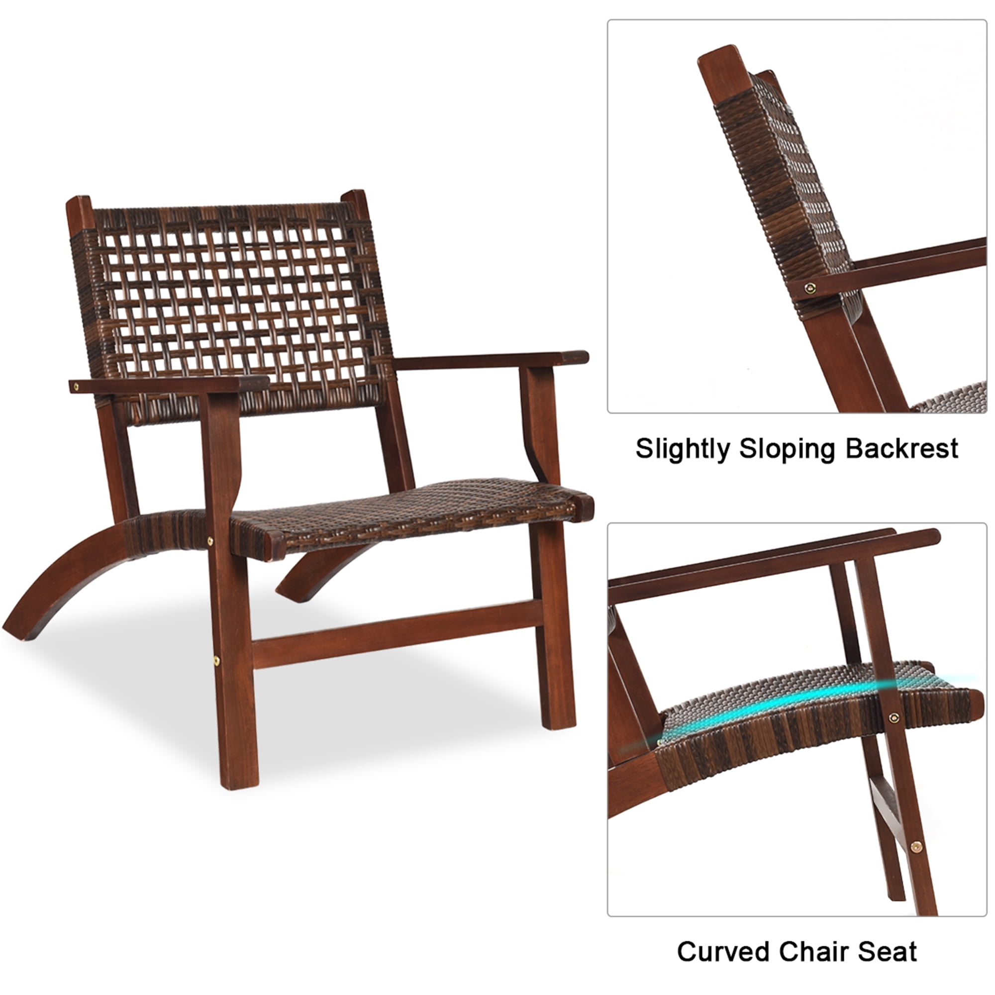 Costway 3PCS  Patio Rattan Furniture Set  Solid Eucalyptus Wood Frame Bistro Set with Coffee Table Patio Conversation Set (Brown)