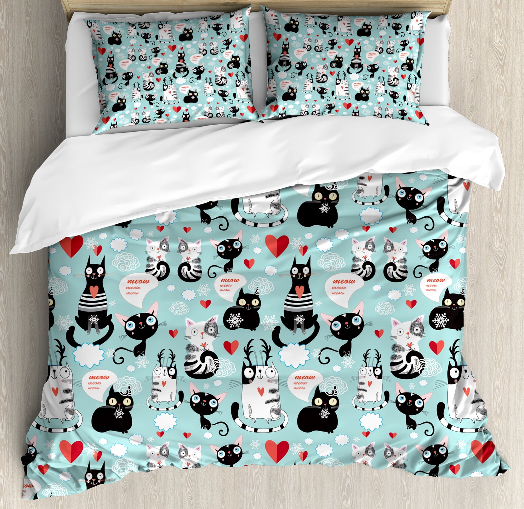 Cat Lover Duvet Cover Set, Black and White Cats in Love Meow Print