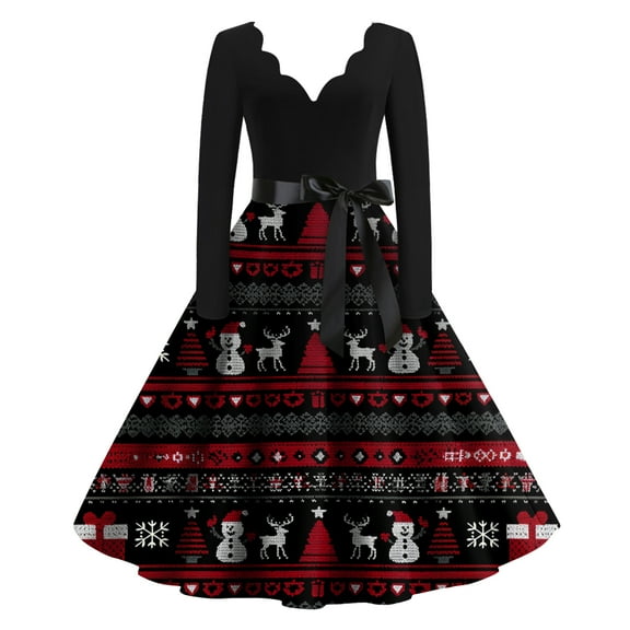 Women's Casual Fashion Christmas Holiday Print V-neck Vintage Dress for Retro Style and Party Occasions, Comfortable Women's Long Sleeve Holiday Dress,Black,S