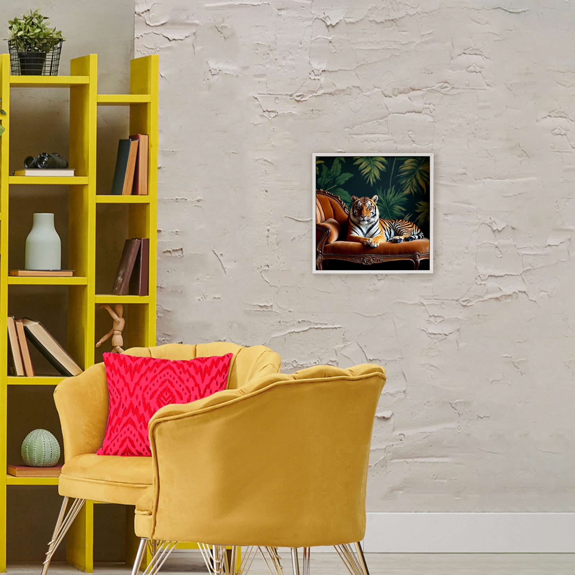 Tiger Lounging on Chaise White Framed Giclee Art, design by Lettered and Lined