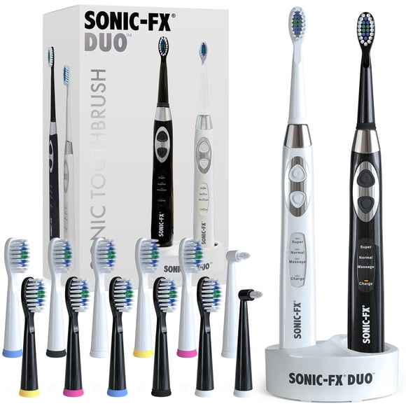 Sonic-FX Duo Rechargeable Electric Toothbrush Set - with 14 Brush Heads, 3 Modes, Smart Auto-Timer, Charging Dock Holder - Dual Handle Electric Tooth