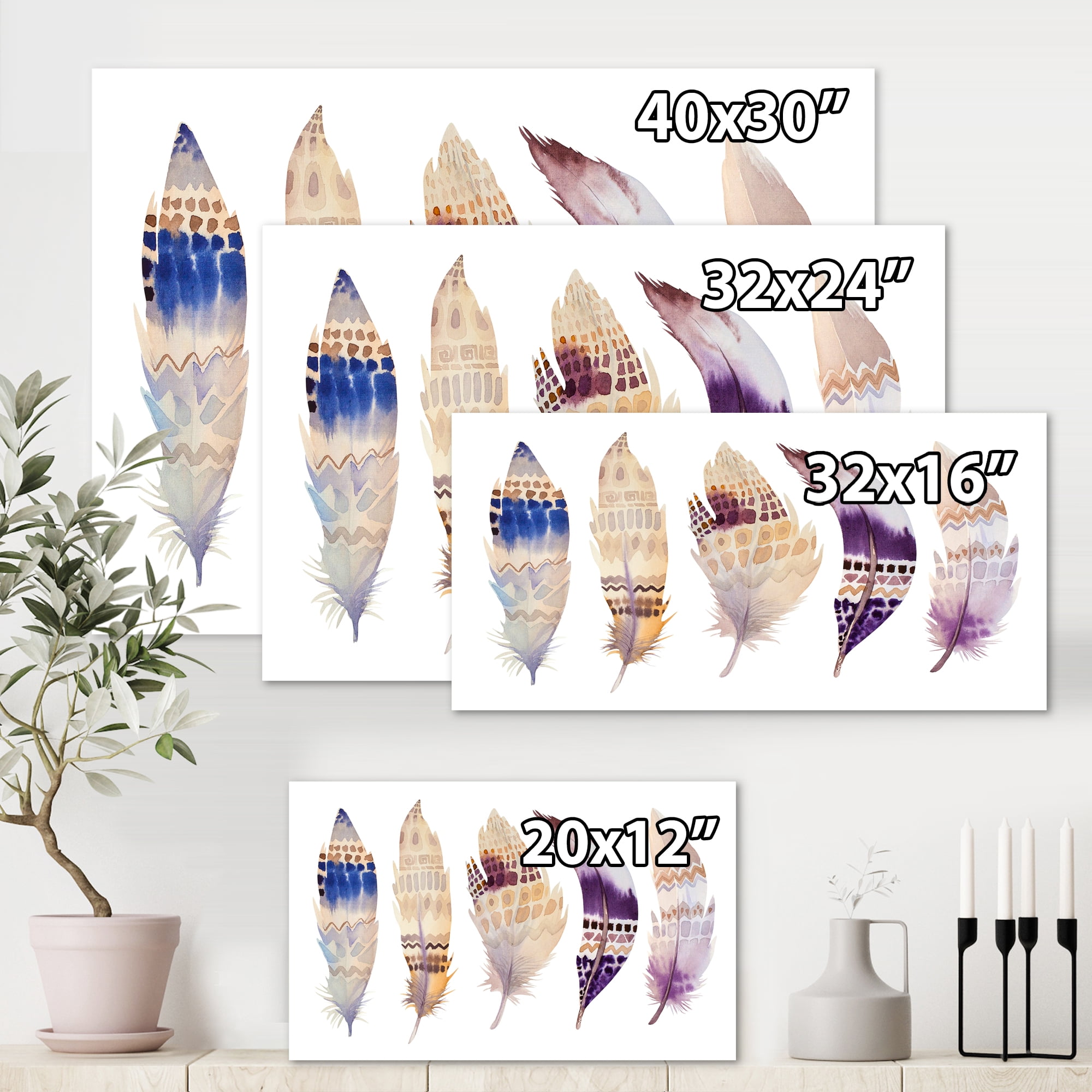 Designart ' Ethnic Purple Boho Art Feathers ' Bohemian & Eclectic Canvas Wall Art Print