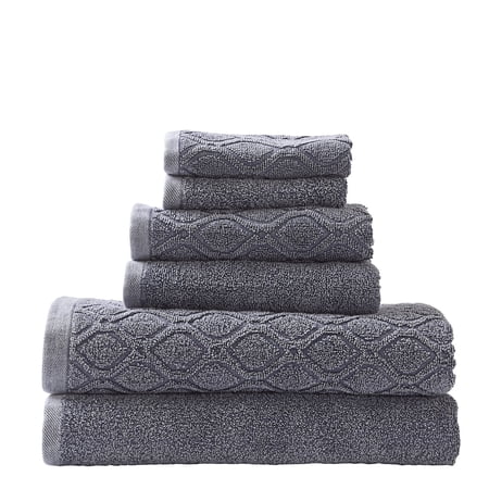 Denim Wash 100% Cotton 550 GSM Jacquard and Solid Combo 6-Piece Towel Set, 2 Face, 2 Hand, and 2 Bath Navy Blue