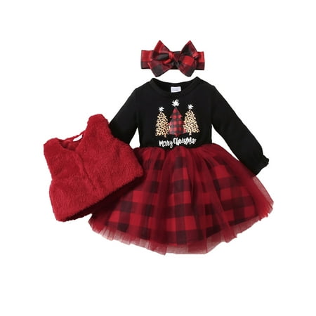 

LAPAKIDS Baby Girl Christmas Clothes plaid Outfits Long Sleeve Tutu Dress + Headband + Fuzzy Vest 3PCS 12-18 Months