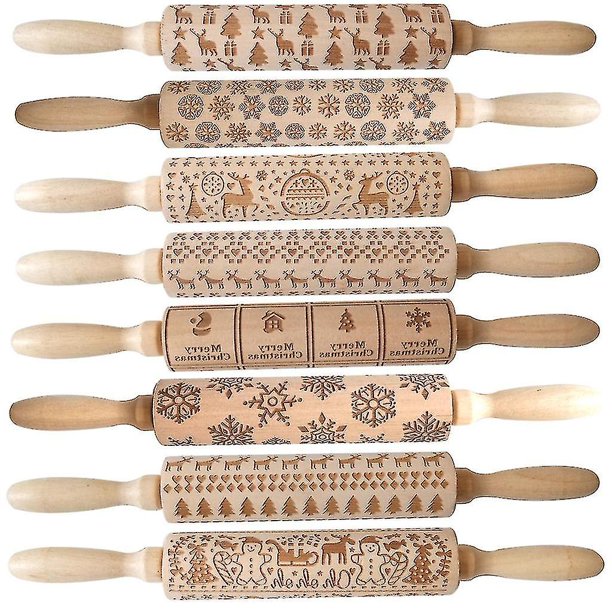 Rodillos de Navidad Roca Copo de nieve Alce Rodillo de madera Estampado para hornear galletas Galleta Fondant Pastel Rodillo estampado 35 * 4 cmc (hy)